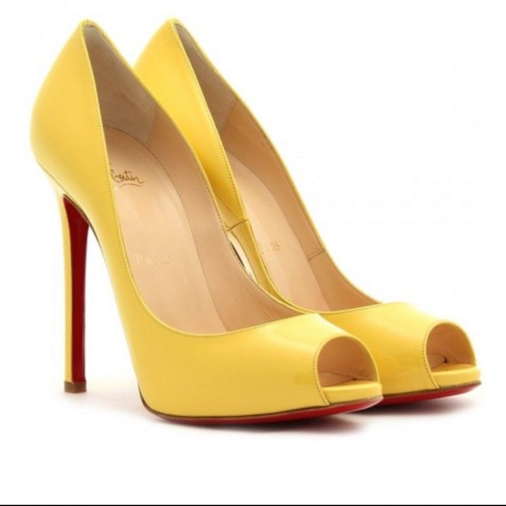 Christian Louboutin Flo 120 Patent Leather Canari Peep Toe Heels Shoes Pumps💛